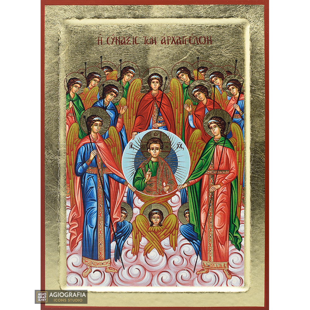 18 karats Synaxis of the Archangels Orthodox Wood Icon with Gold Leaf