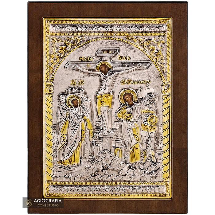 Crocifissione del Signore icona cristiana ortodossa placcata argento