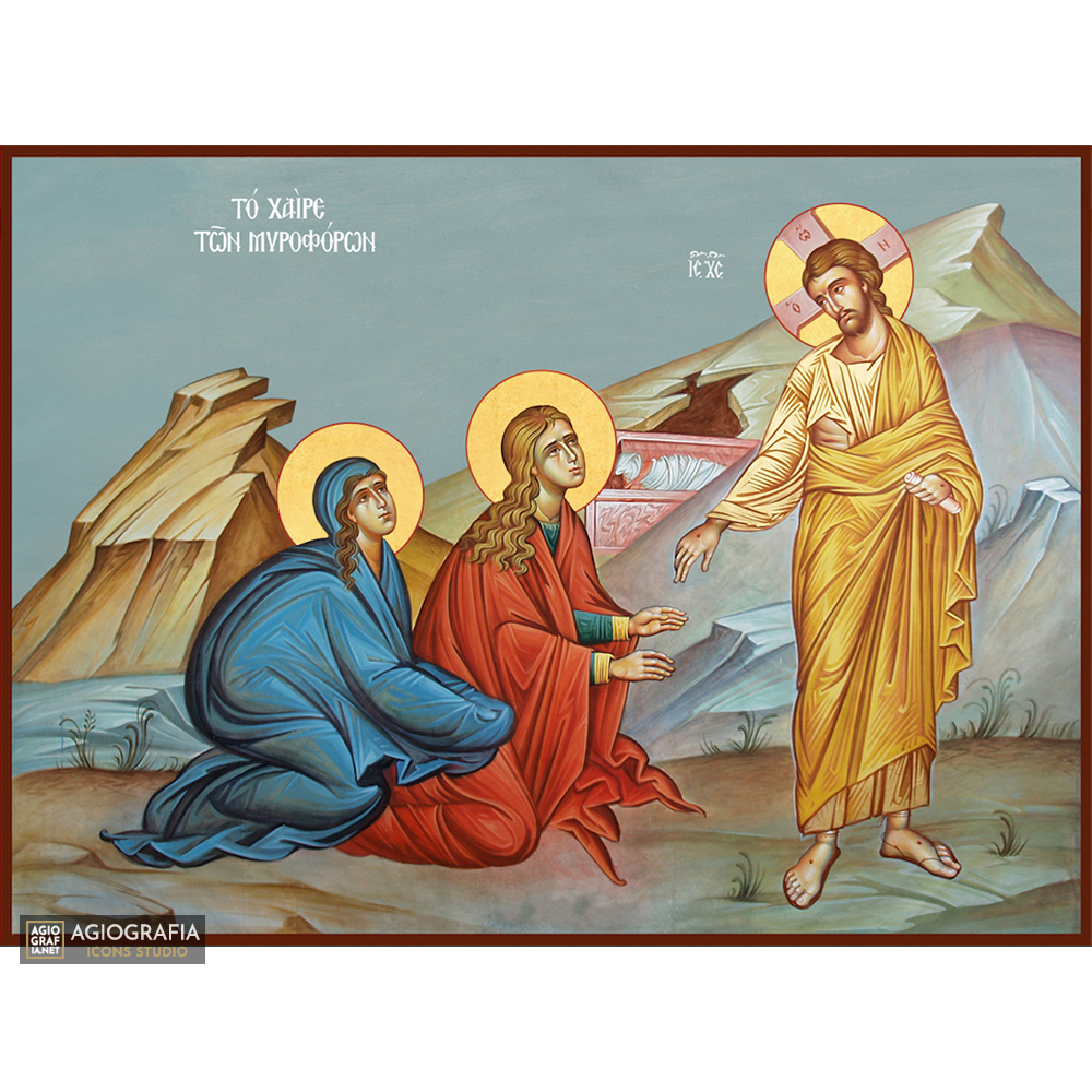 Greeting of MyrrhBearing Women Christian Icon with Blue Background