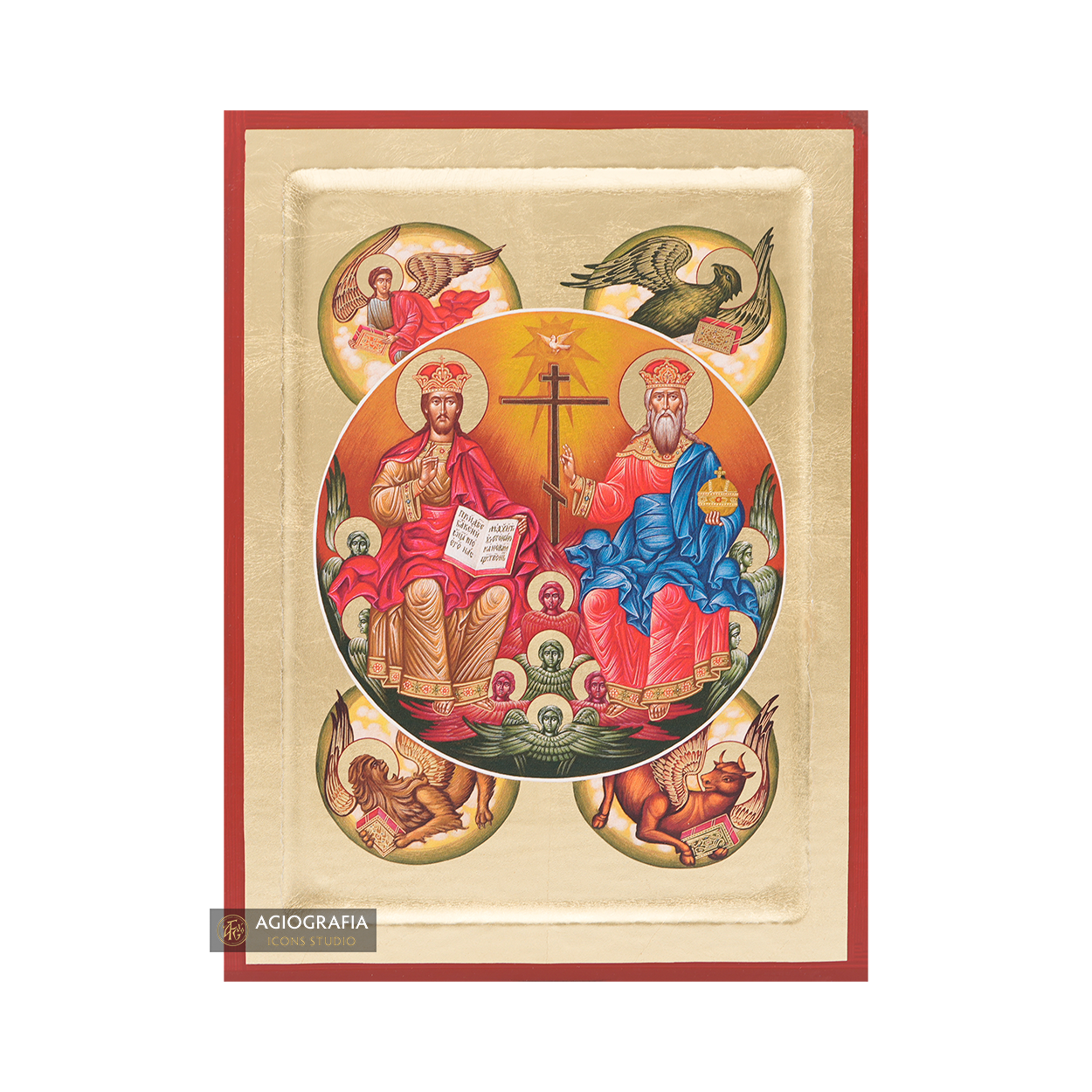 18k The Holy Trinity with the 4 Evangelists Icon with Gold Leaf