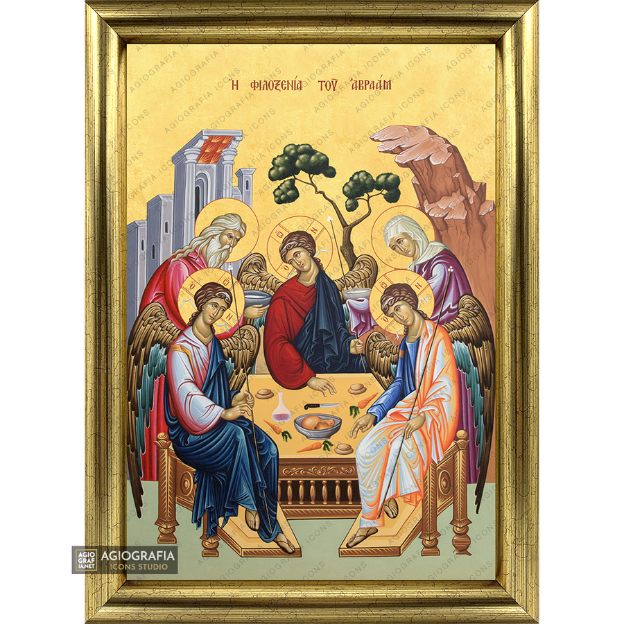 22k Santissima Trinità & ospitalità di Abramo icona incorniciata a foglia d'oro