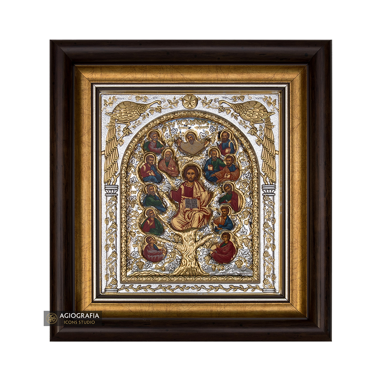 Jesus Christ Tree of Life Framed Silver Gold Plated Wood Icon