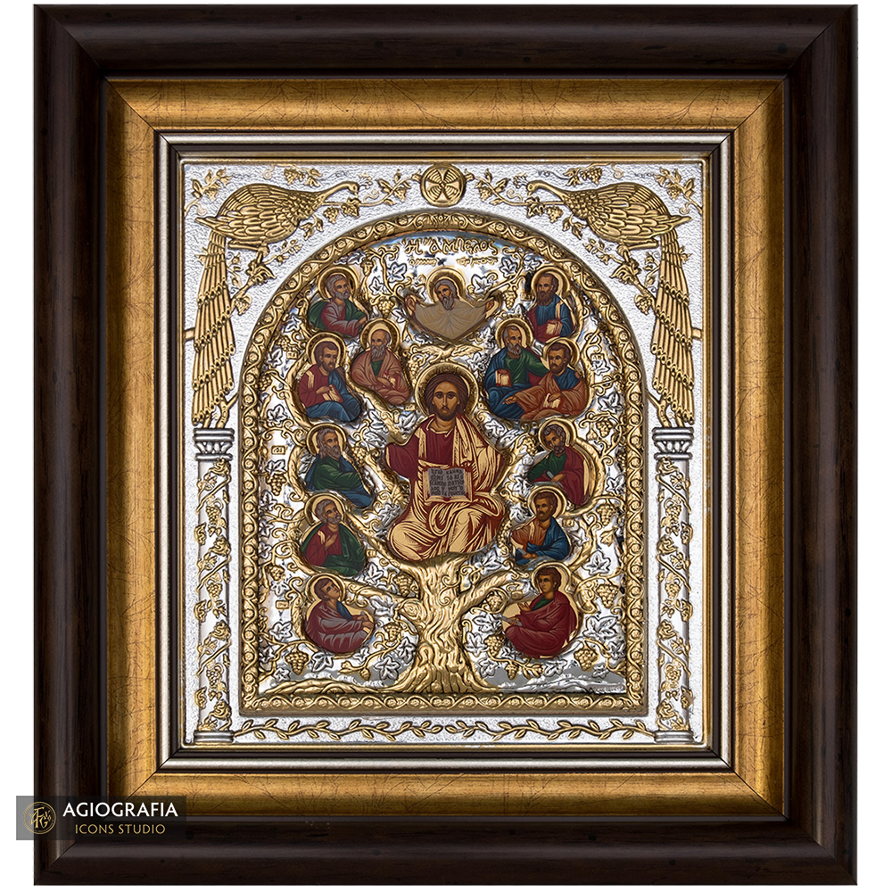 Jesus Christ Tree of Life Framed Silver Gold Plated Wood Icon