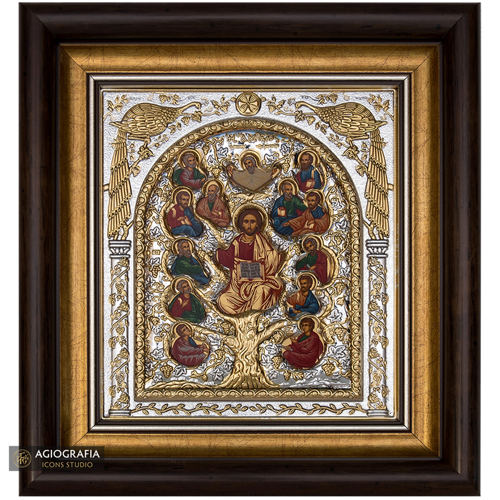 Gesù Cristo Albero della Vita icona su legno incorniciata placcata argento e oro