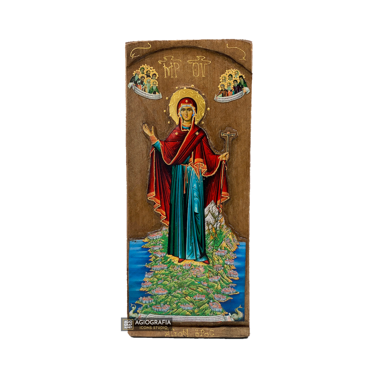 Virgin Mary of Mount Athos Orthodox Gold Print Icon on Carved Wood