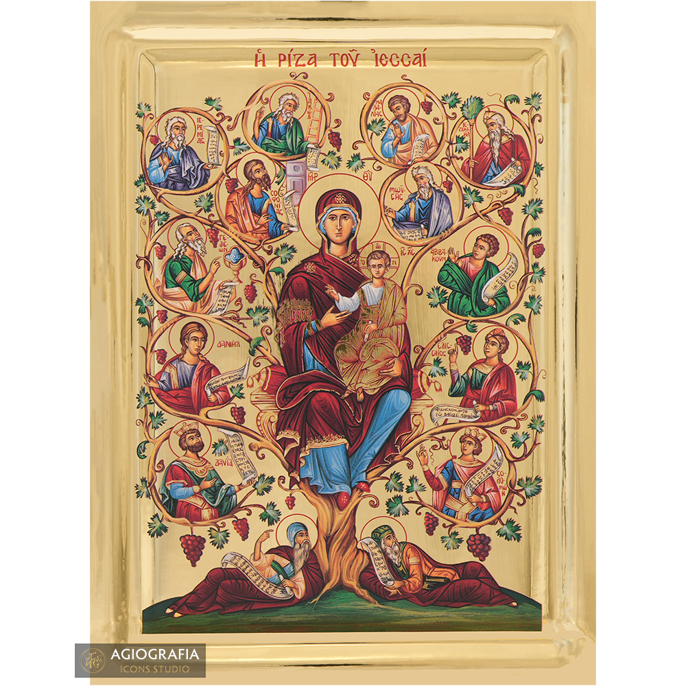 Tree of Jesse Greek Icon on Wood with Gilding Effect