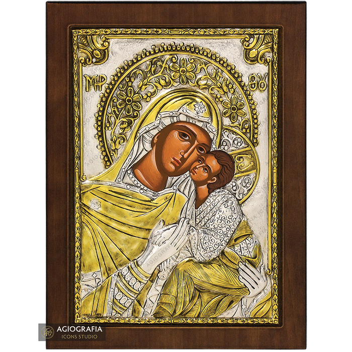 Vergine Maria icona bizantina cristiana ortodossa argentata