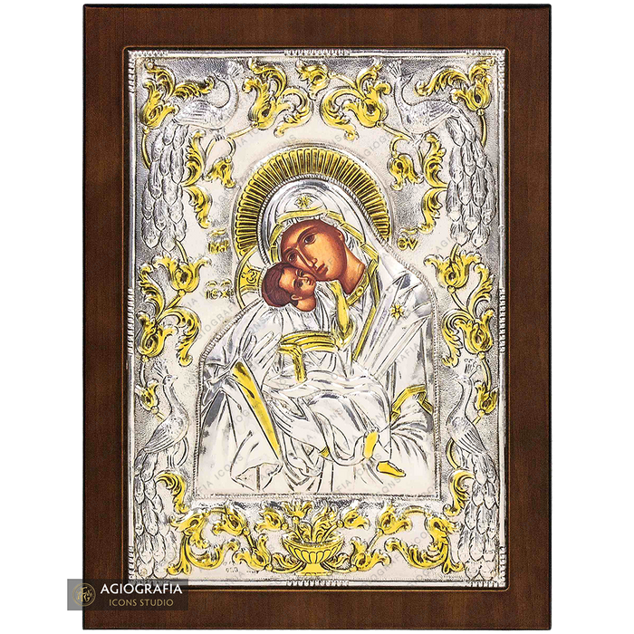 Vergine Maria icona bizantina cristiana ortodossa argentata