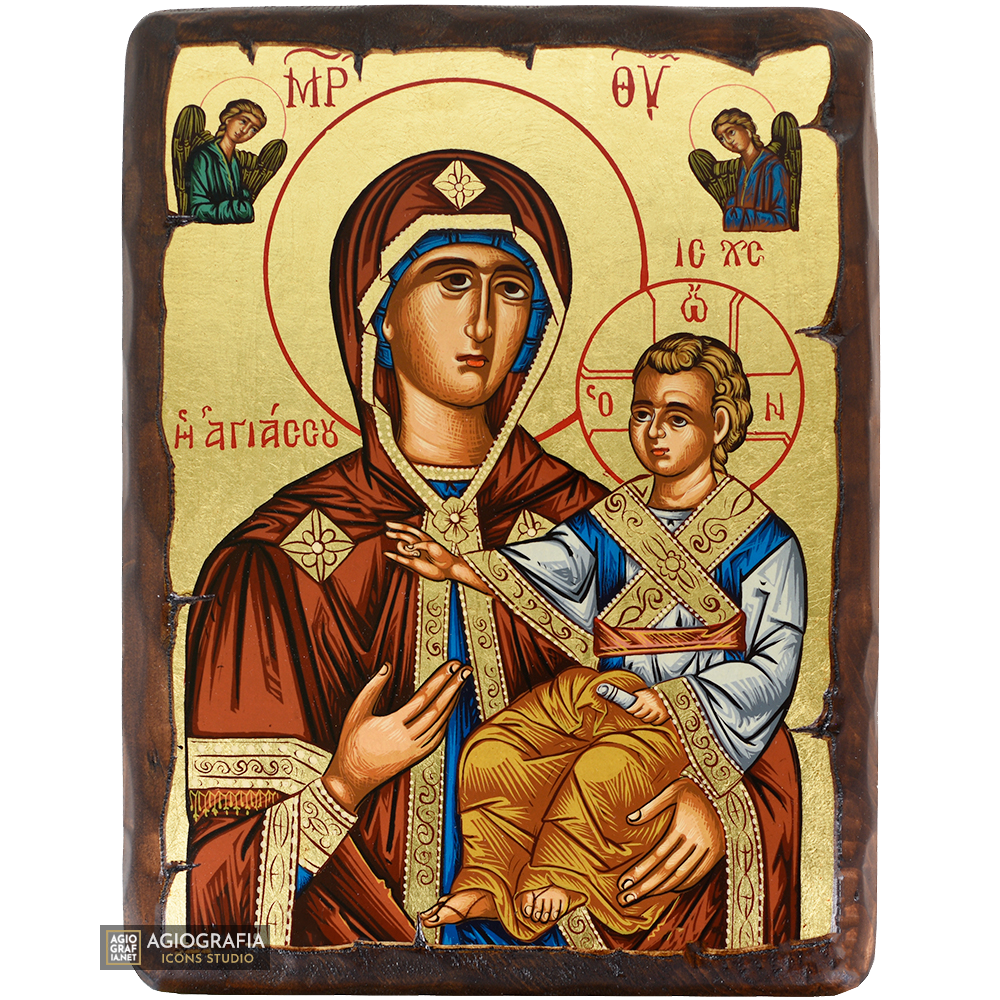 Virgin Mary of Agiassou Greek Orthodox Wood Icon with Gold Leaf