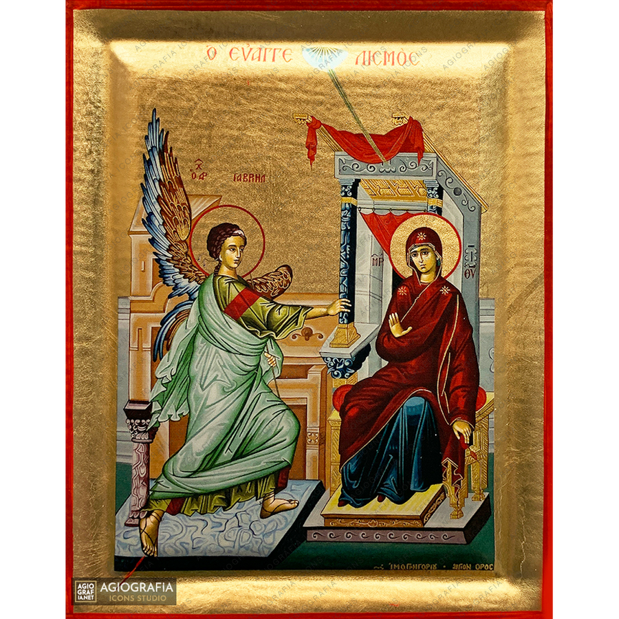 Annunciazione della Theotokos icona ortodossa su legno a foglia d'oro