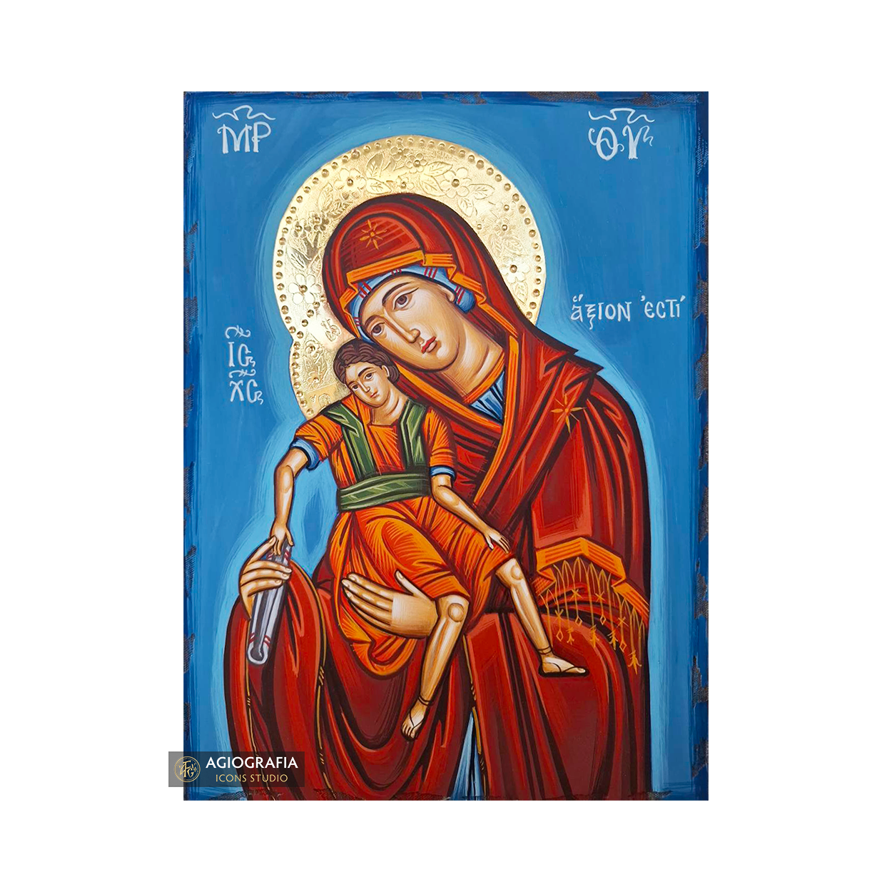 Virgin Mary Axion Esti Handwritten Icon with 24k Polished Engraved Halo