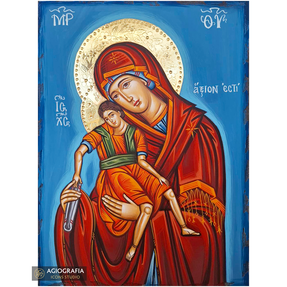 Virgin Mary Axion Esti Handwritten Icon with 24k Polished Engraved Halo