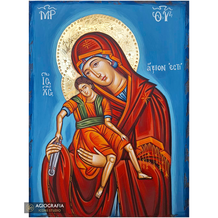 Vergine Maria Axion Estin, icona dipinta a mano con aureola incisa lucidata 24k
