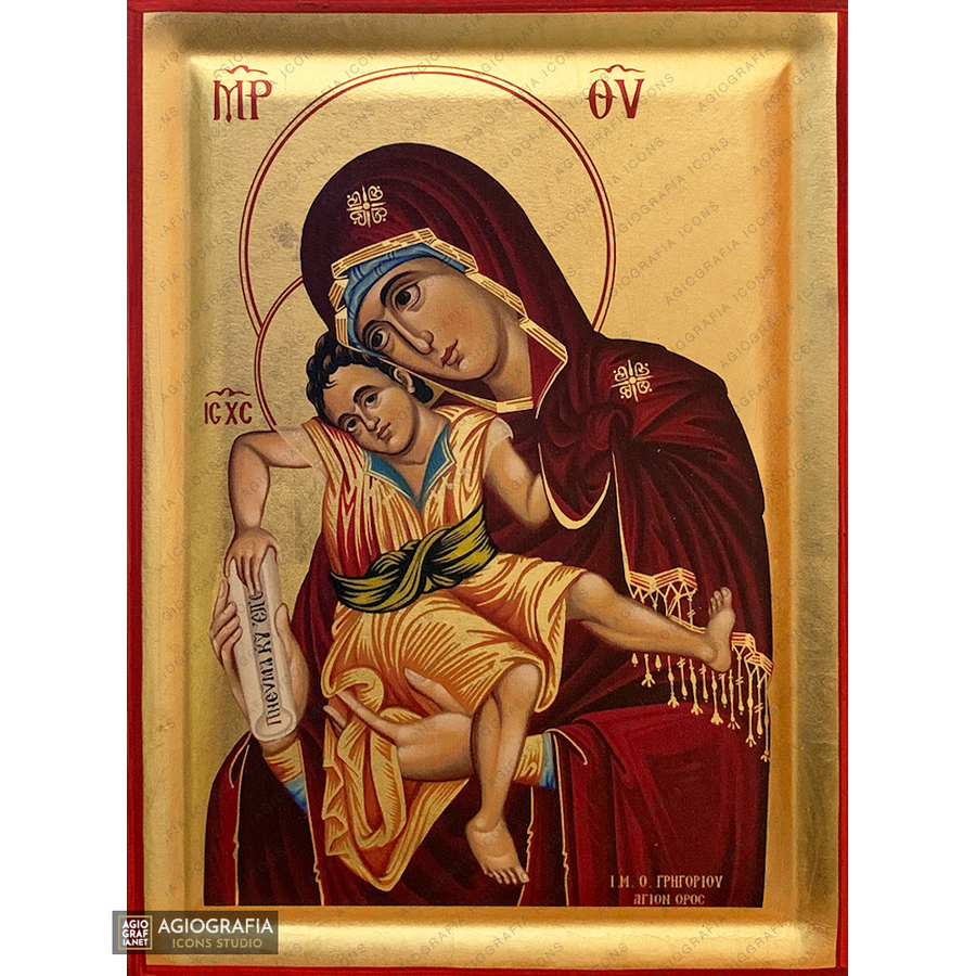 Vergine Maria Axion Estin icona ortodossa su legno a foglia d'oro