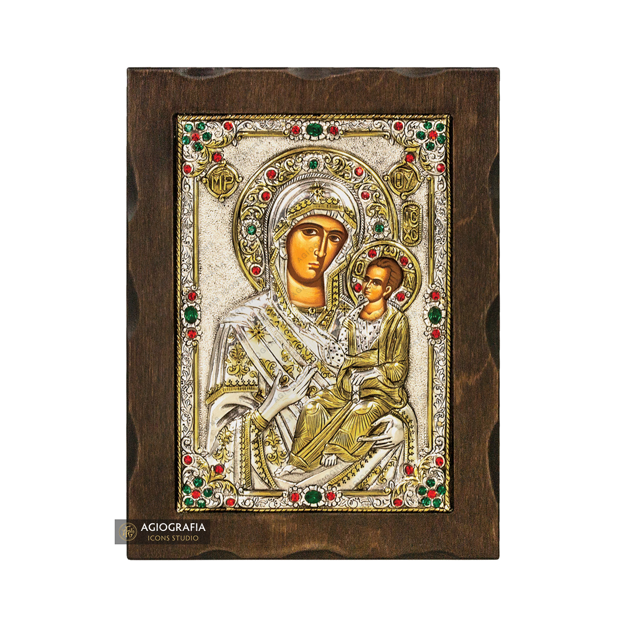 Virgin Mary with Angels Silver Gold Plated Icon with Crystals on Wood