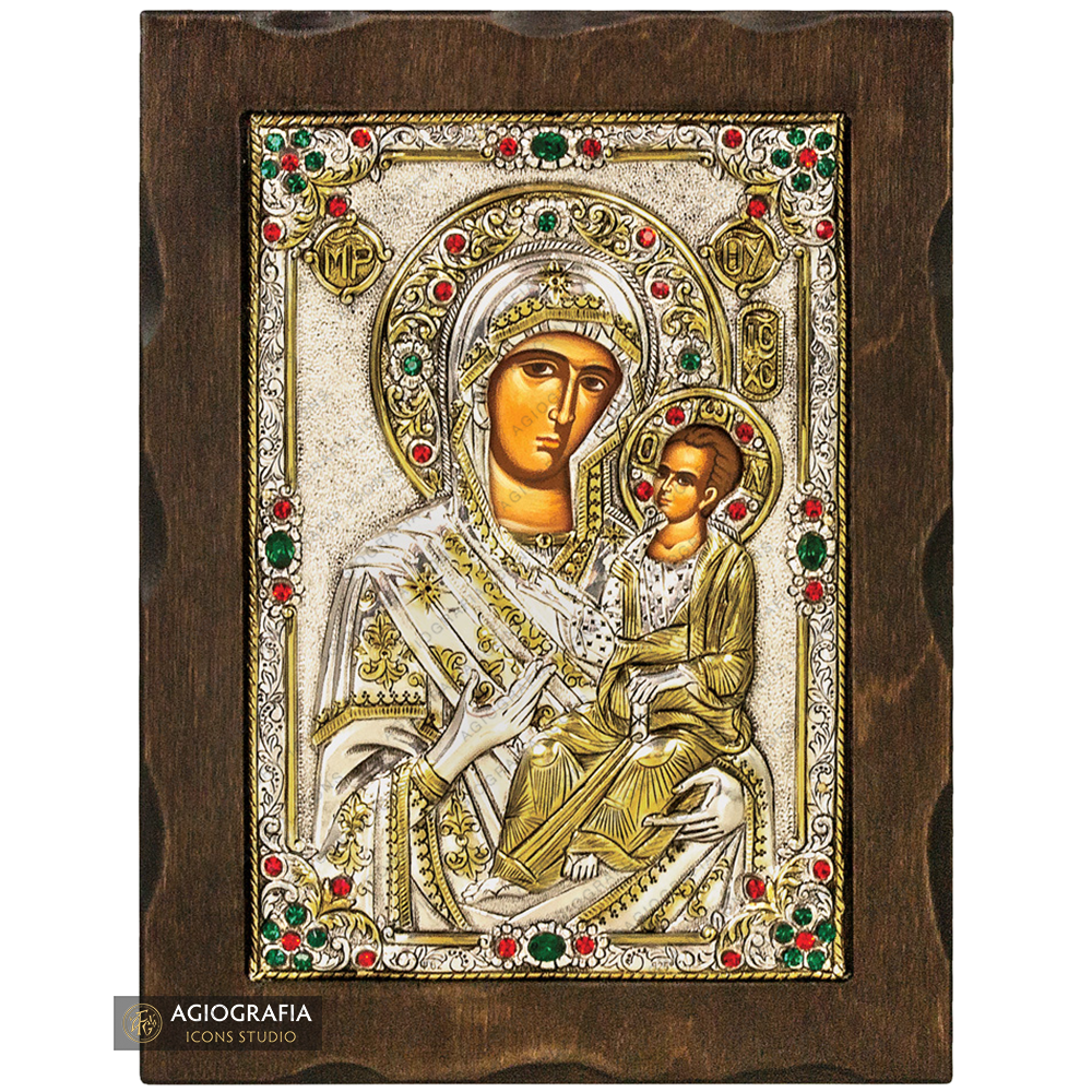 Virgin Mary with Angels Silver Gold Plated Icon with Crystals on Wood