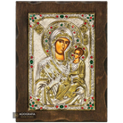 Virgin Mary with Angels Silver Gold Plated Icon with Crystals on Wood
