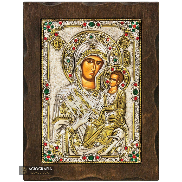 Vierge Marie avec les anges, icône plaquée argent et or avec cristaux sur bois