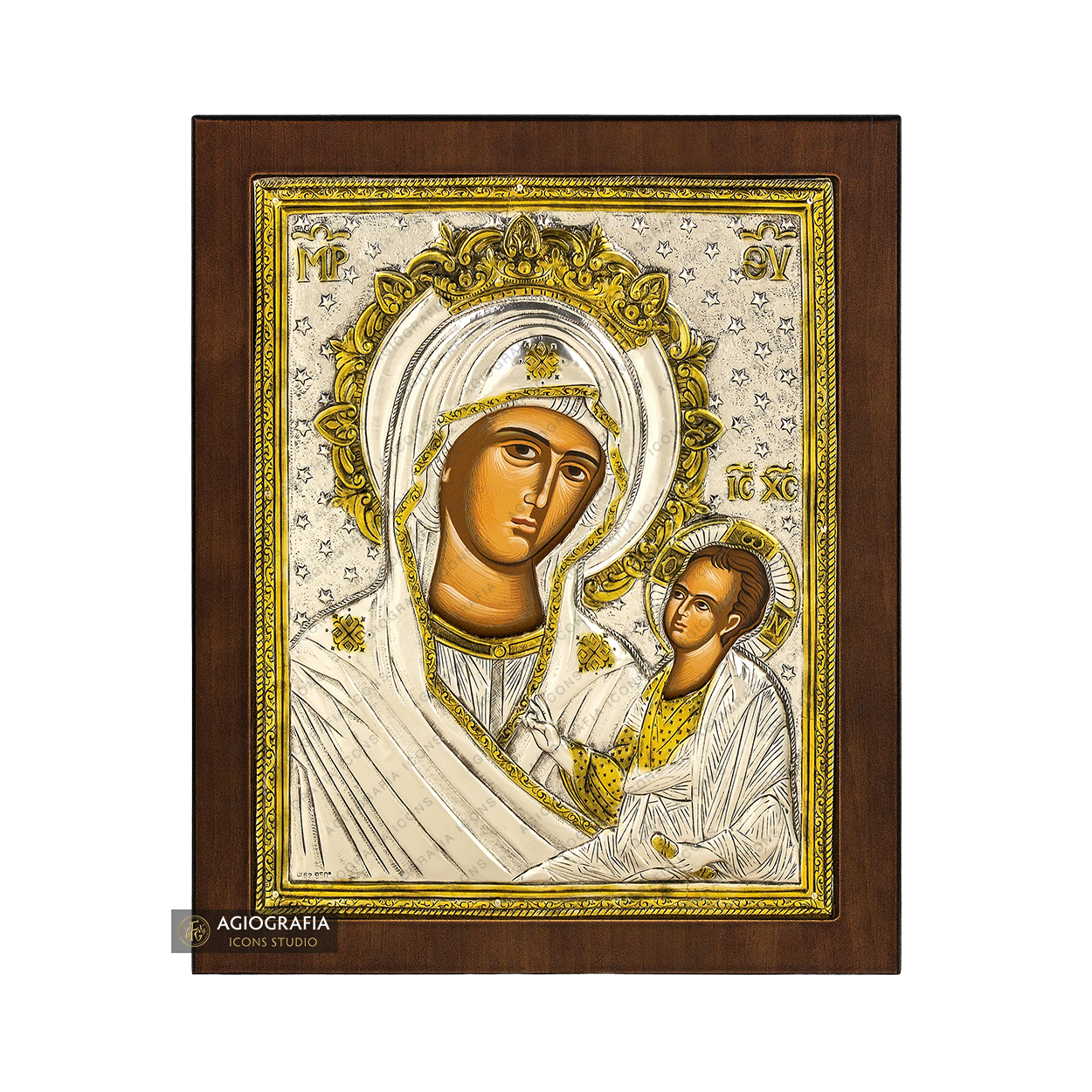 Virgin Mary Directress Silver Gold Plated Icon on Wood