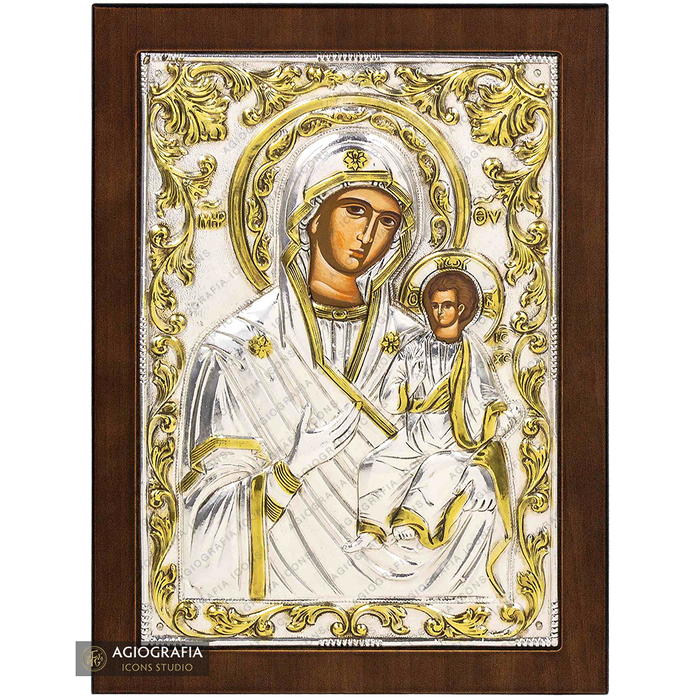 Vergine Maria Odigitria icona cristiana ortodossa argentata