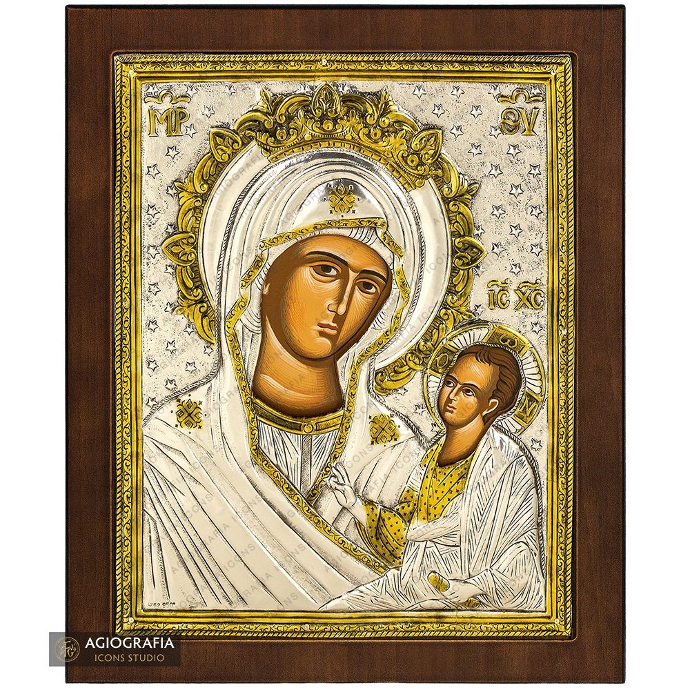 Virgin Mary Directress Silver Gold Plated Icon on Wood