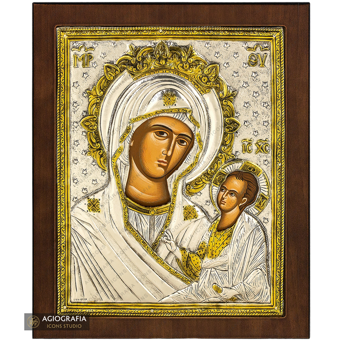 Vierge Marie l'Hodigitria (Conductrice) icône plaquée argent et or sur bois