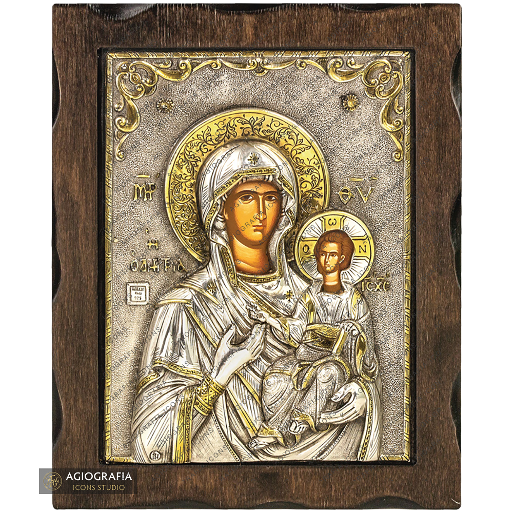 Virgen María Hodigitria icono de plata pura con baño de oro 24k