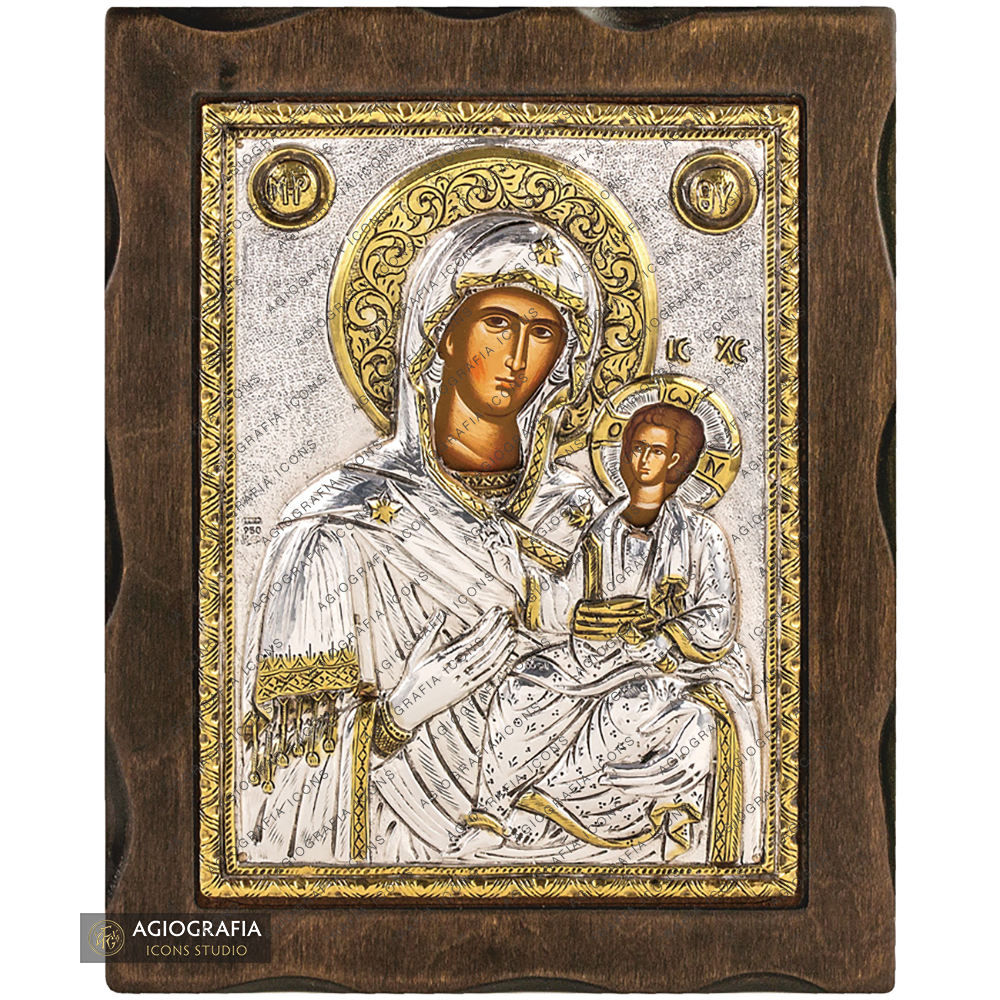 Virgen María Hodigitria icono de plata pura con baño de oro 24k
