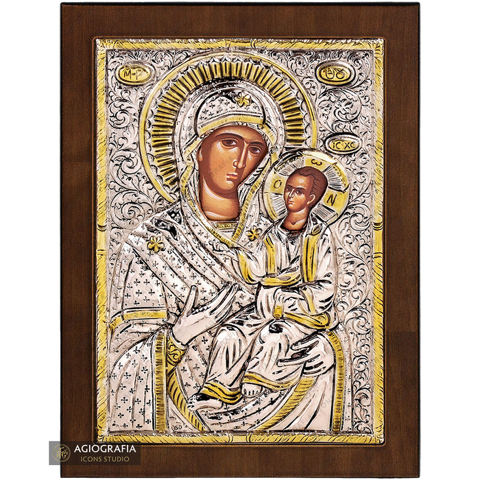 Vergine Maria Odigitria icona cristiana ortodossa argentata