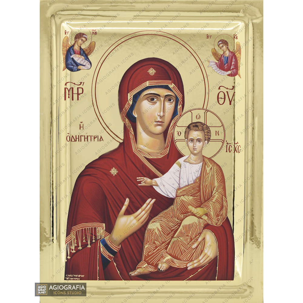 Gottesmutter die Wegweiserin (Hodegetria) orthodoxe Holzikone mit Vergoldungseffekt