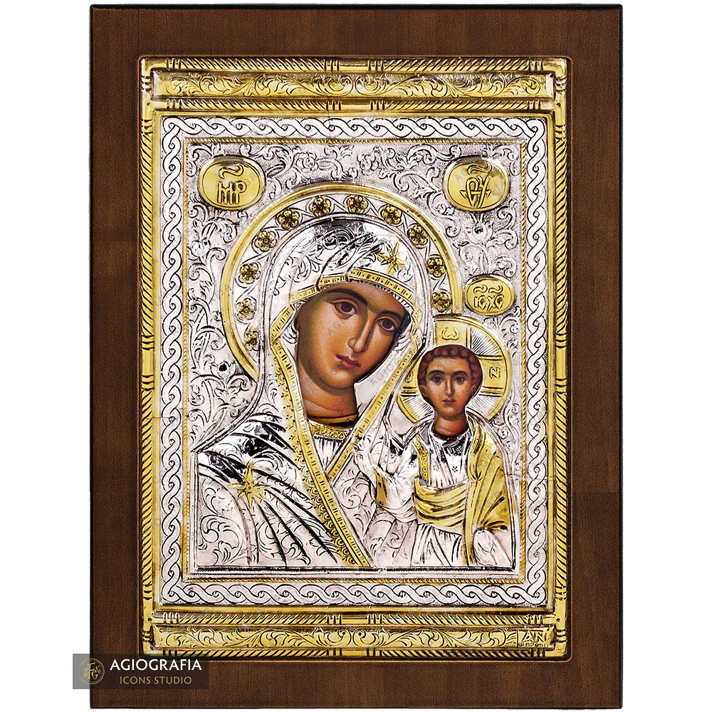 Virgen María de Kazán icono cristiano ortodoxo plateado