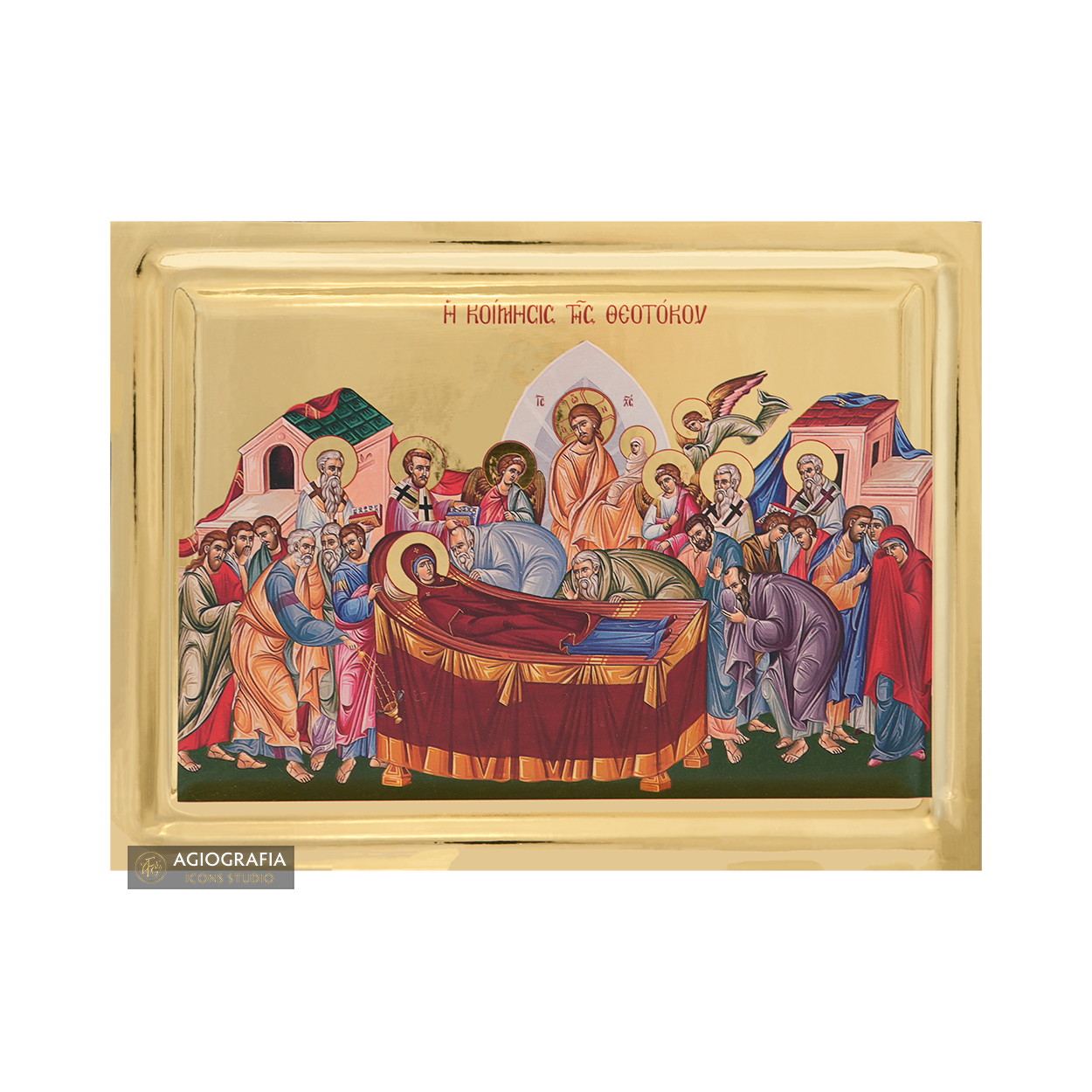 Dormition of Virgin Mary Icon on Wood with Gilding Effect