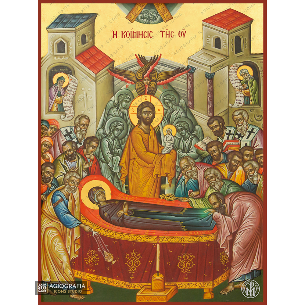 22k Dormition de la Vierge Marie - icône orthodoxe exclusive du Mont Athos à la feuille d'or
