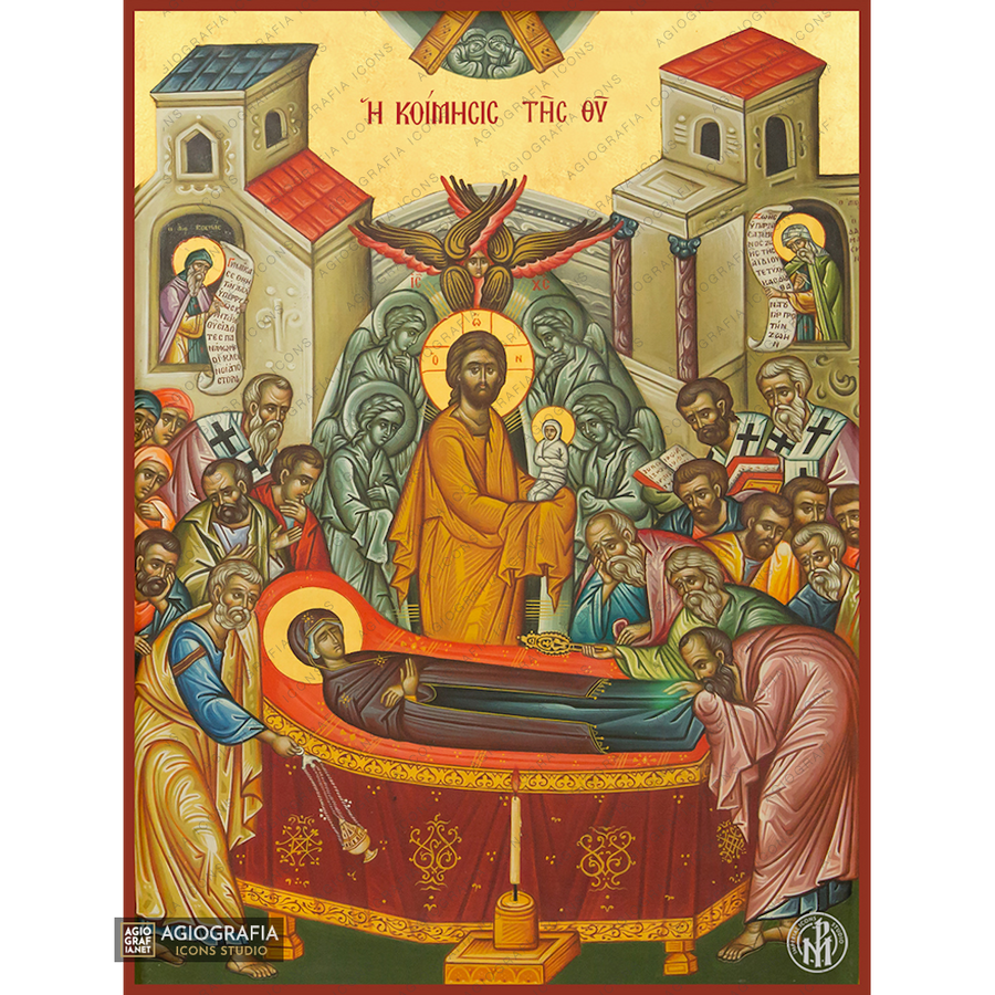 22k Dormizione della Vergine Maria - icona ortodossa esclusiva del Monte Athos a foglia d'oro