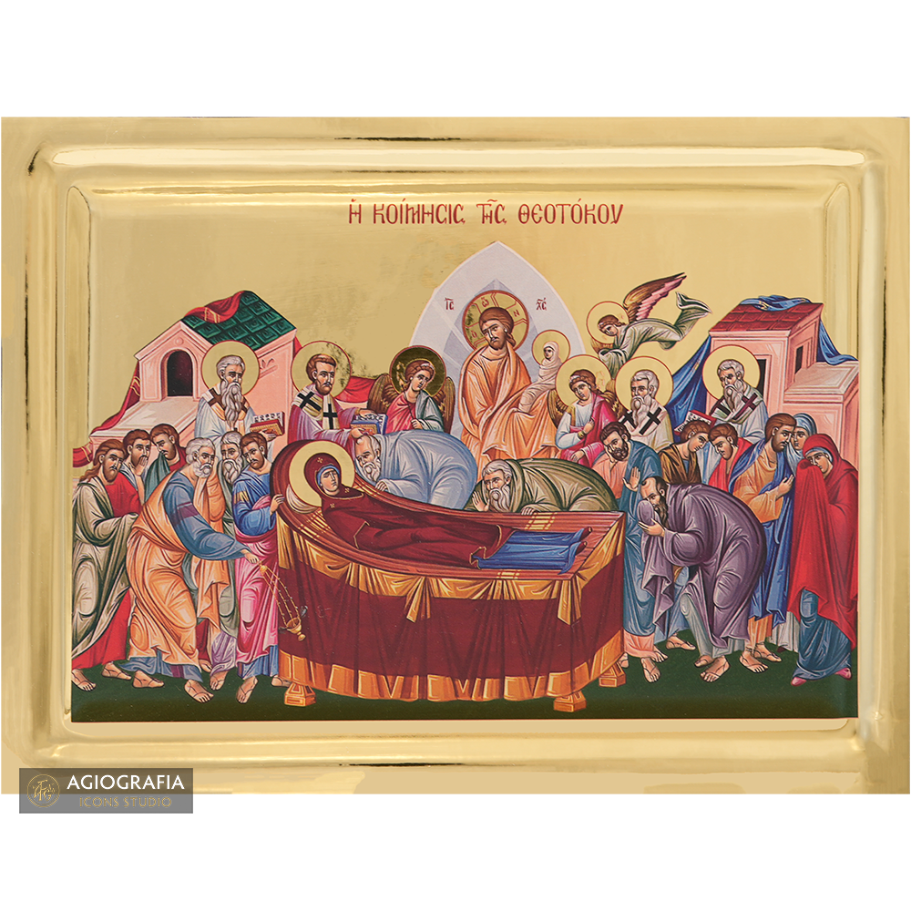 Dormition of Virgin Mary Icon on Wood with Gilding Effect