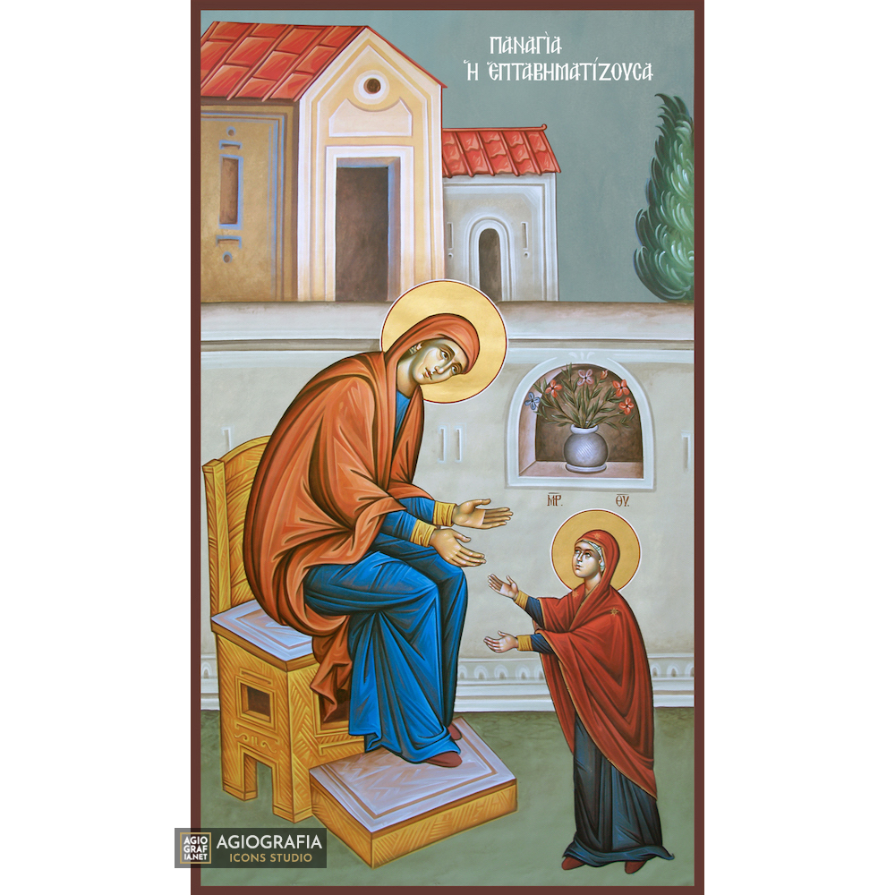 Virgin Mary Eptavimatizousa Orthodox Wood Icon with Blue Background