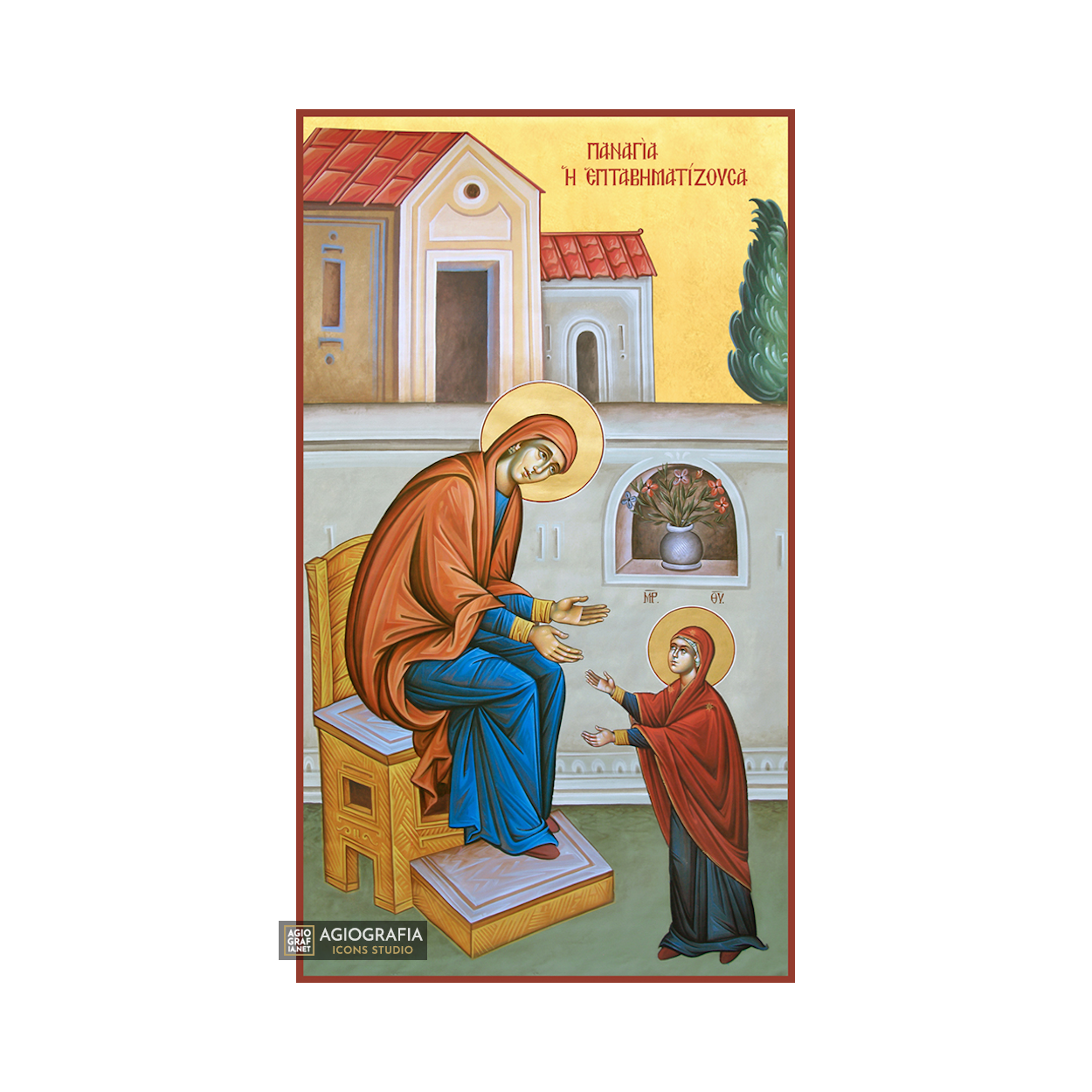 22k Virgin Mary Eptavimatizousa - Gold Leaf Background Orthodox Icon