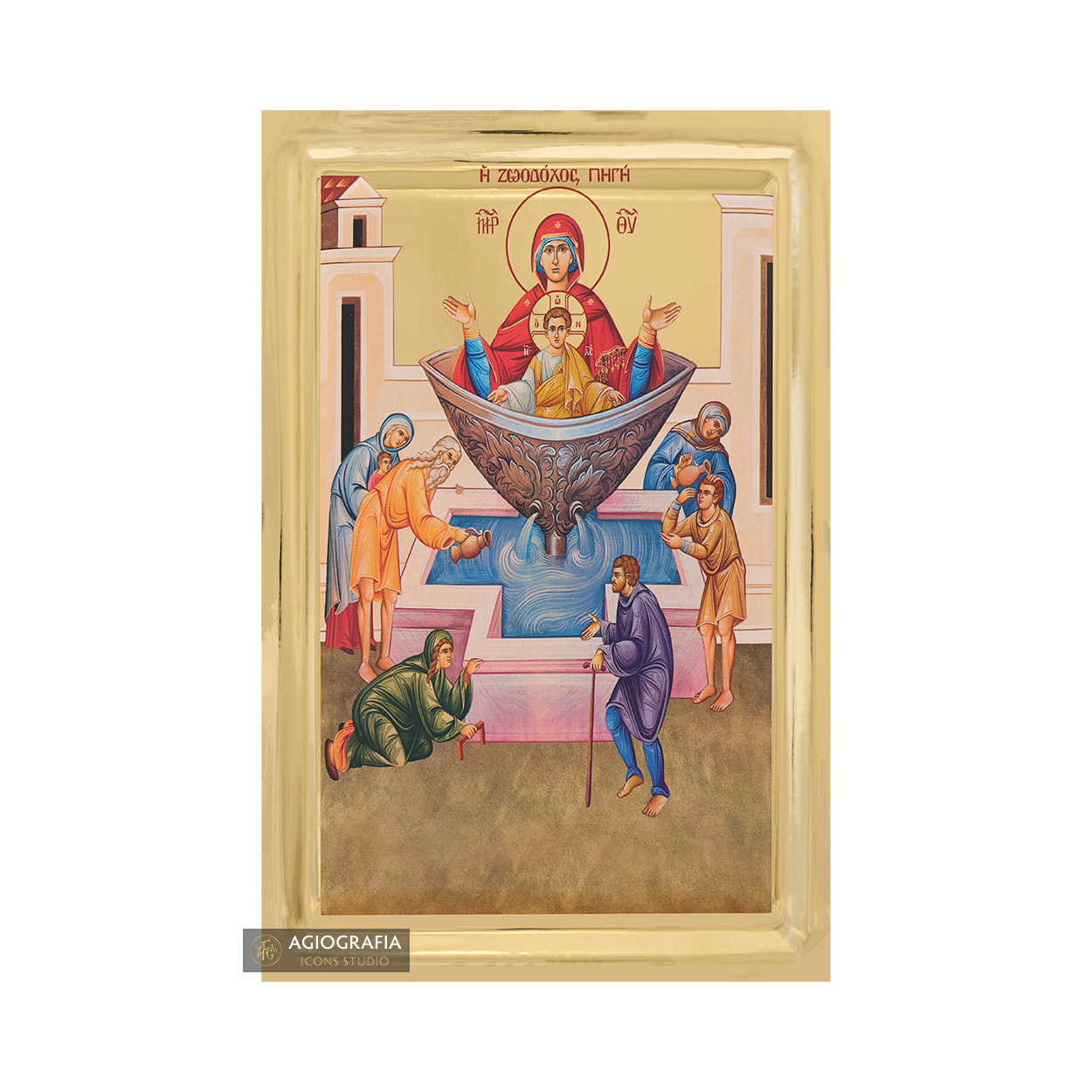 Virgin Mary Fountain of Life Icon on Wood with Gilding Effect