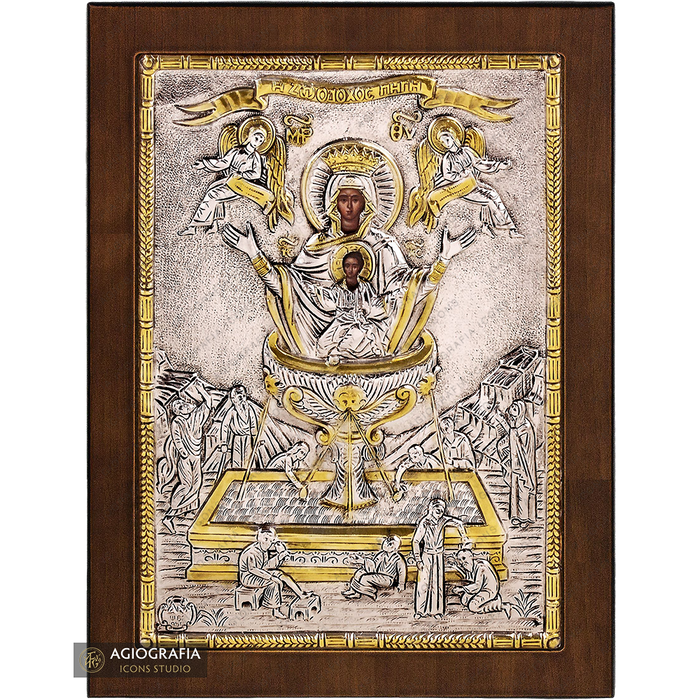 Virgen María Fuente de Vida icono cristiano ortodoxo plateado