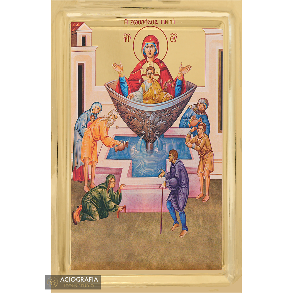 Virgin Mary Fountain of Life Icon on Wood with Gilding Effect