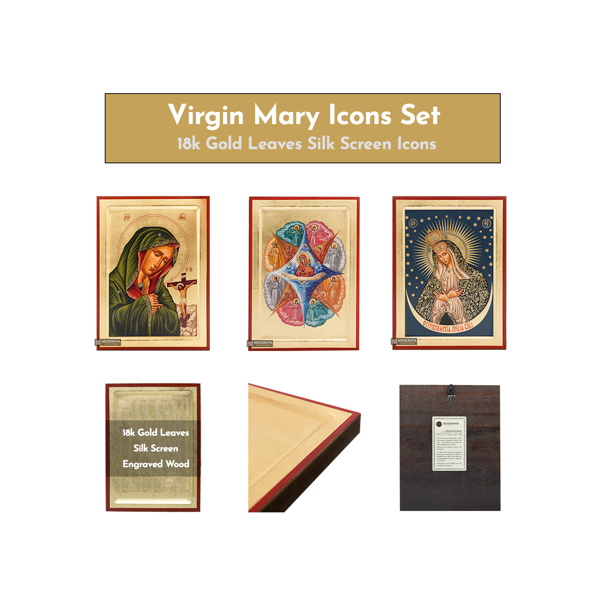 18k Virgin Mary Icons Set - 3 Small Gold Leaf Christian Icons