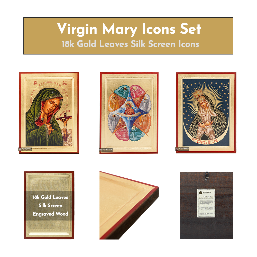 18k Virgin Mary Icons Set - 3 Small Gold Leaf Christian Icons