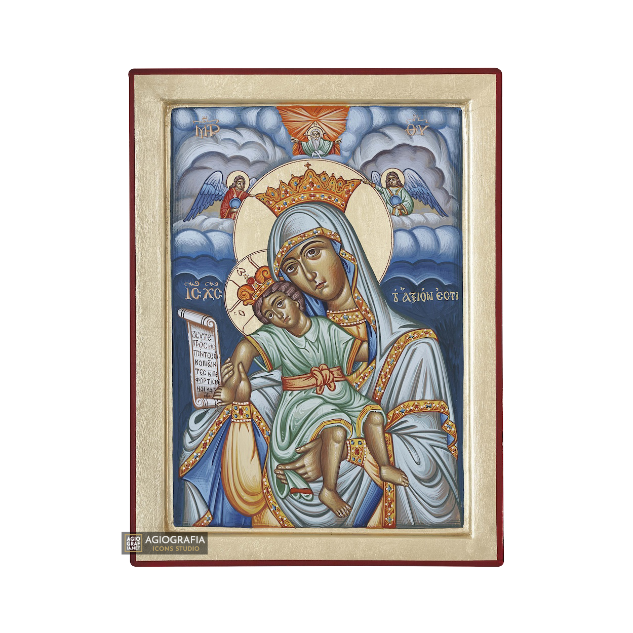 Virgin Mary Axion Esti Handwritten Icon with Matte Gold Leaves