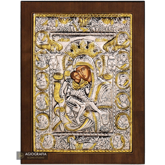 Vergine Maria (È veramente degno, Axion Estin) icona ortodossa placcata argento
