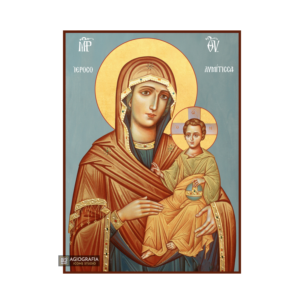 Virgin Mary of Jerusalem Greek Orthodox Icon with Blue Background