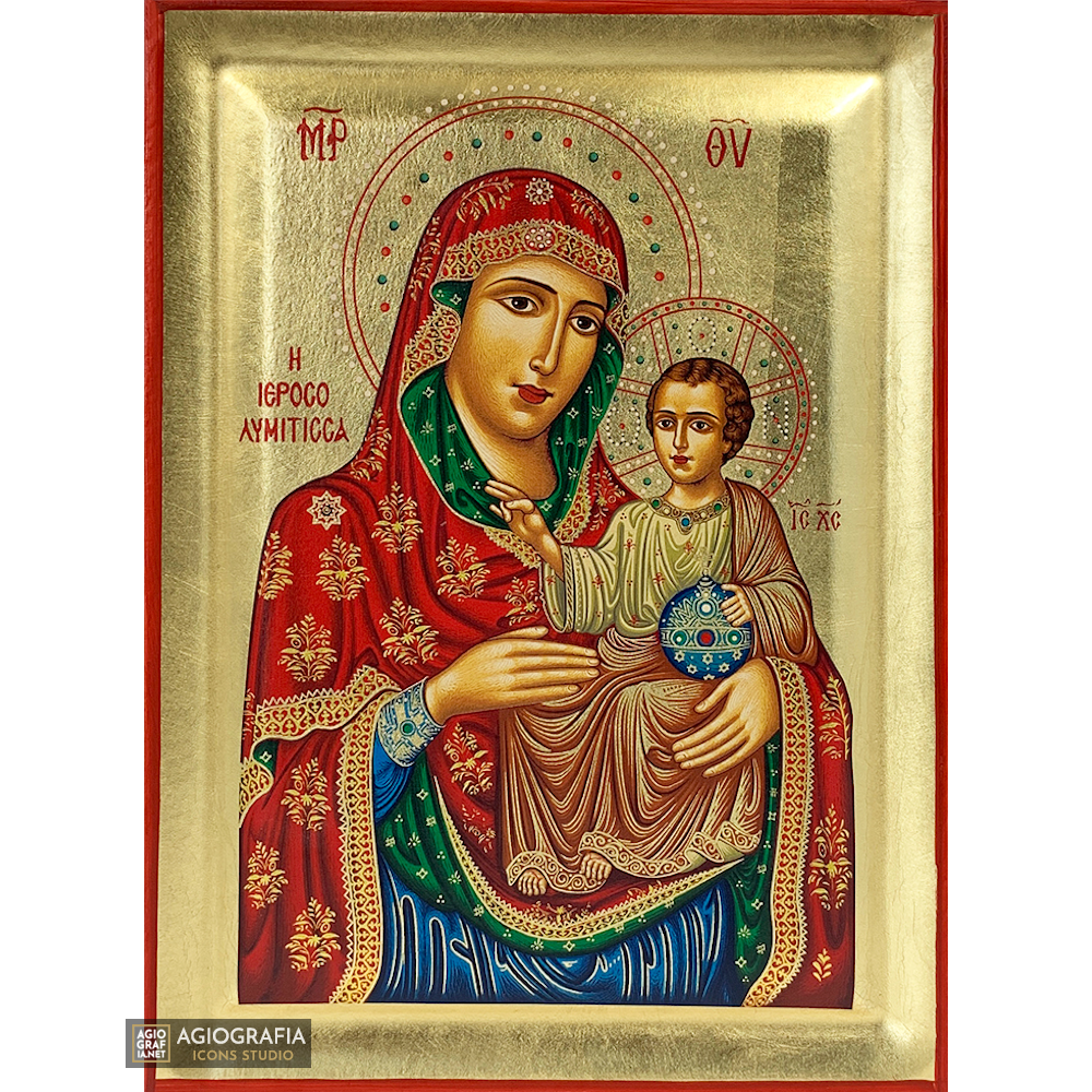 Virgin Mary of Jerusalem Eastern Christian Icon on Wood with Gold Leaf