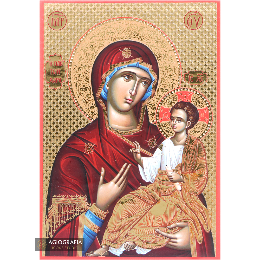 Virgin Mary Joy of All Icon with Gilding Effect Gold Foil Background
