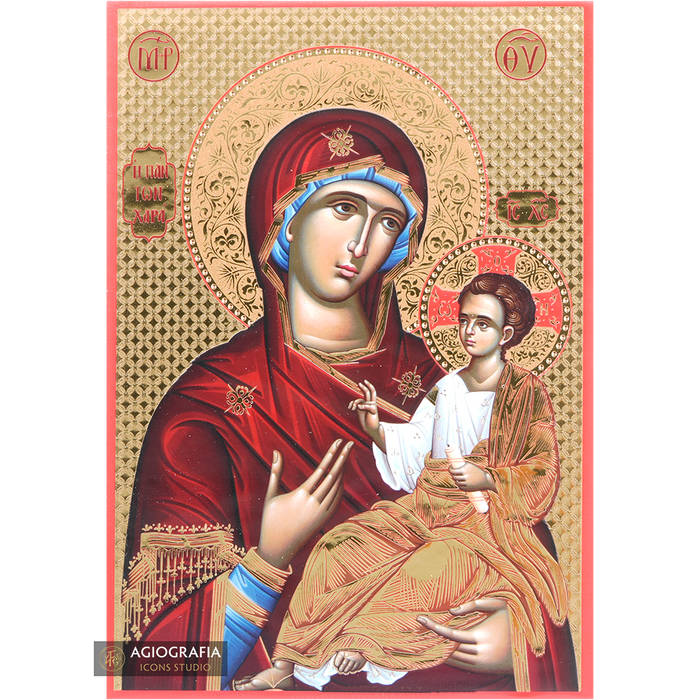 Virgin Mary Joy of All Icon with Gilding Effect Gold Foil Background