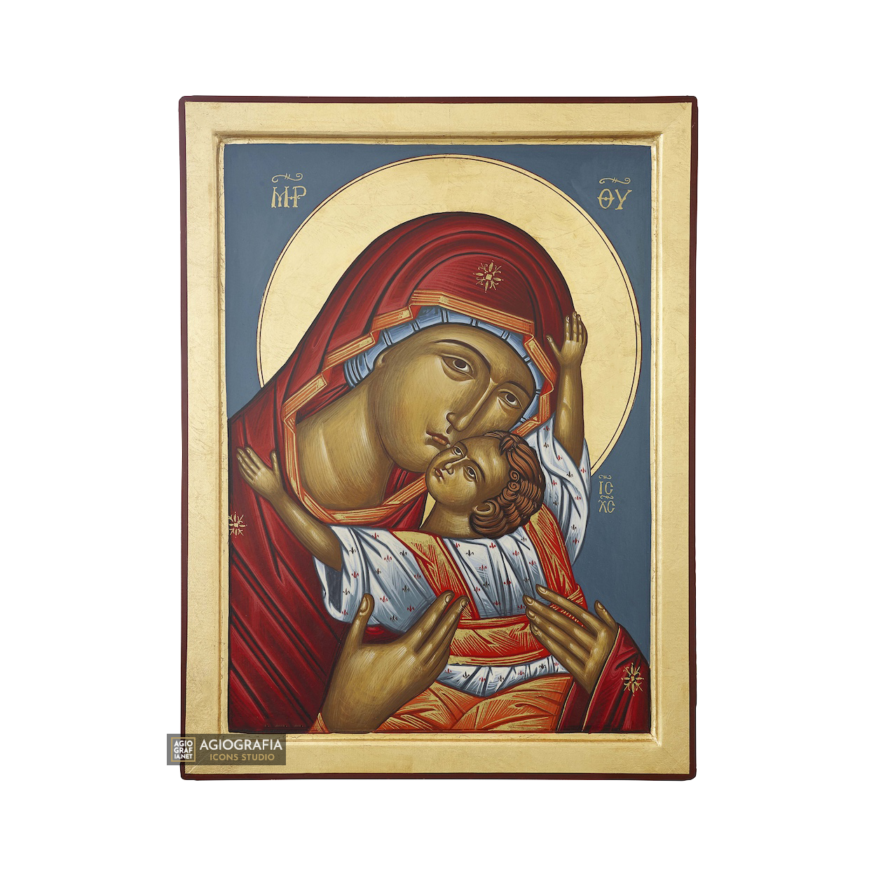 Virgin Mary Kardiotissa Handwritten Icon with Matte Gold Leaves
