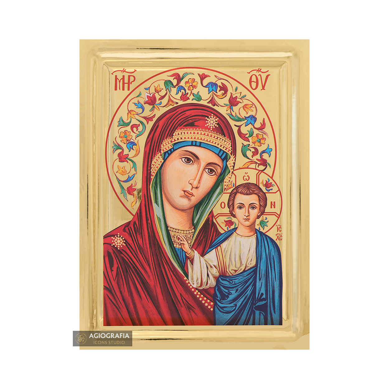 Virgin Mary of Kazan Greek Icon on Wood with Gilding Effect